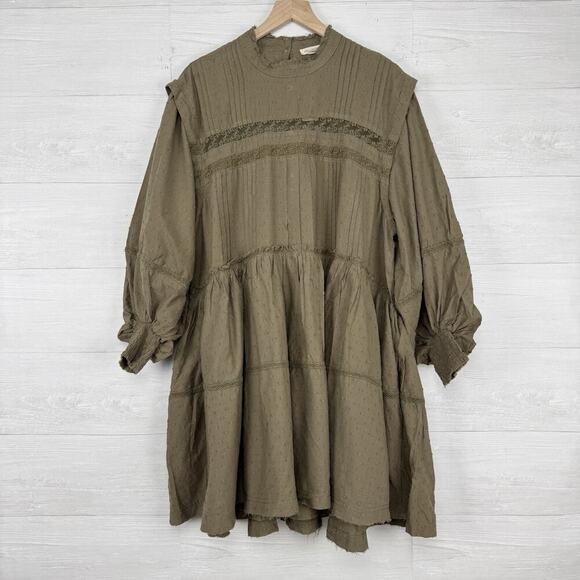 Anthropologie Babydoll Dress Large Balloon Sleeves Swiss Dot Green Boho Cottage - Picture 16 of 16